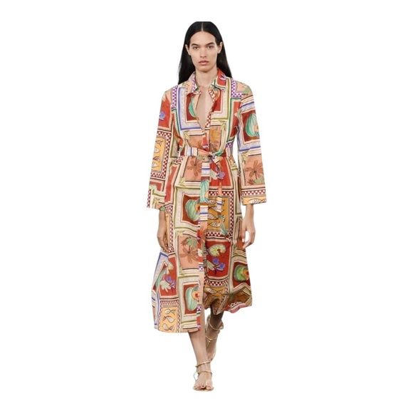 🌺 ZARA Printed Shirt Dress Multicolor 100% Cotton Belted Midi Dress Size XL NWT - Picture 2 of 8